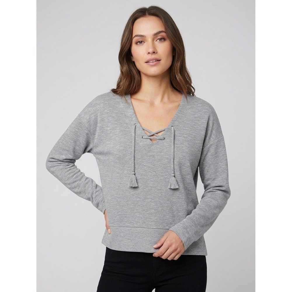 PAIGE Womens Gray Lace Up V-Neck Tassel Sweatshirt Heathered Pullover Size Small